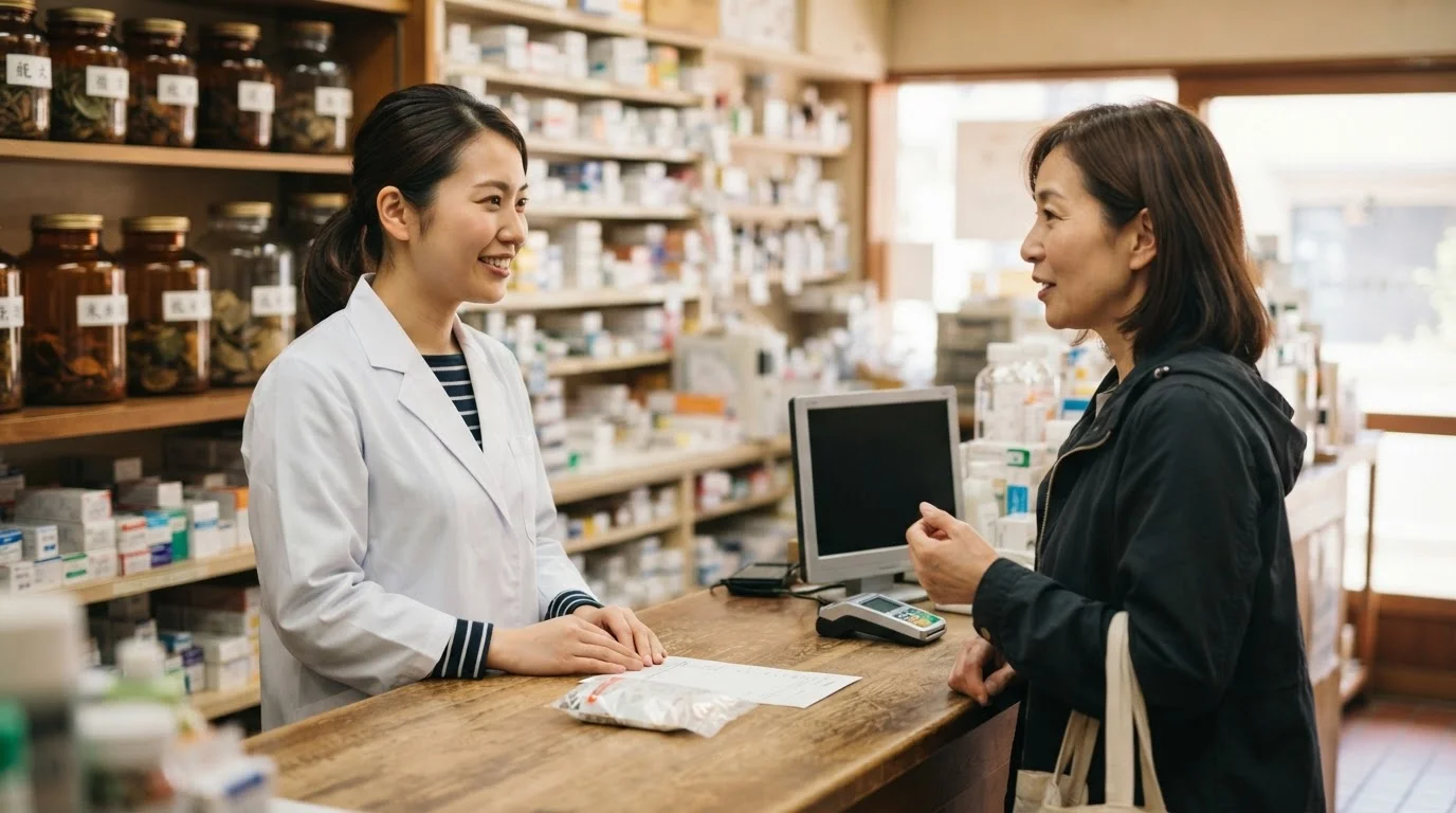 薬局の相談カウンターで薬剤師が来局者の話を聞きながら資料を確認する様子