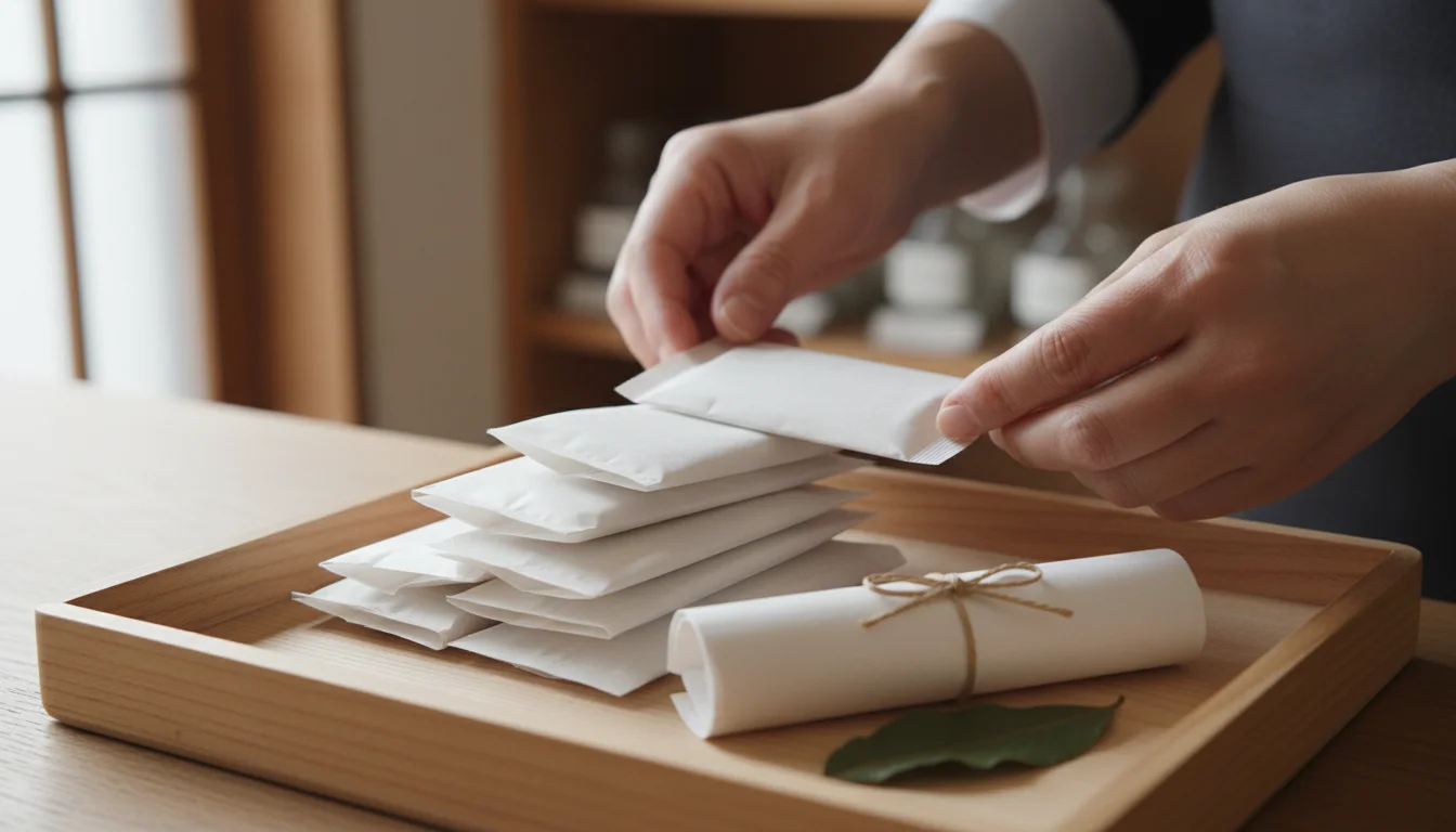 分包された処方薬と調剤済みのお薬が清潔な作業台に整然と並ぶ様子
